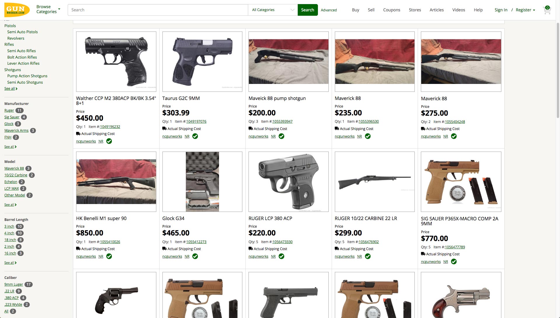 Screen grab of Carolina Gunworks inventory on GunBroker.com